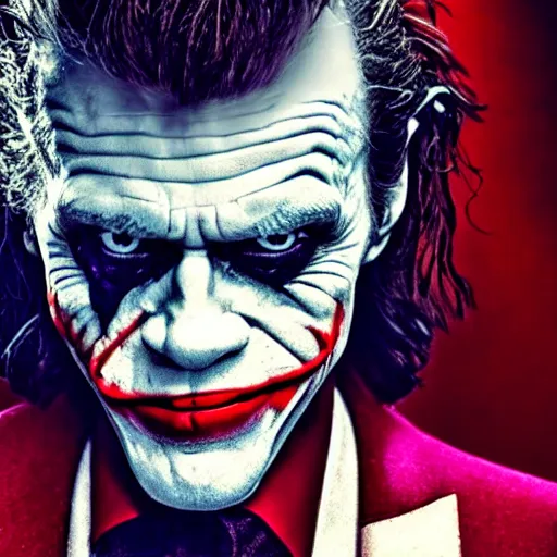 Prompt: willem dafoe as the joker, movie poster, superrealism, quality, post - production, image depth, focus, fine details, skin pores, makeup, gloomy, mysterious, hazy, 8 k