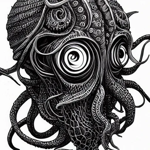 Prompt: black ink on paper, illithid cthulhu, trending on artstation, beautiful, intricate, detailed