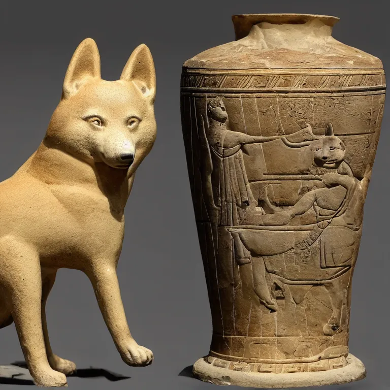 Prompt: ancient greek urn depicting a shiba inu god