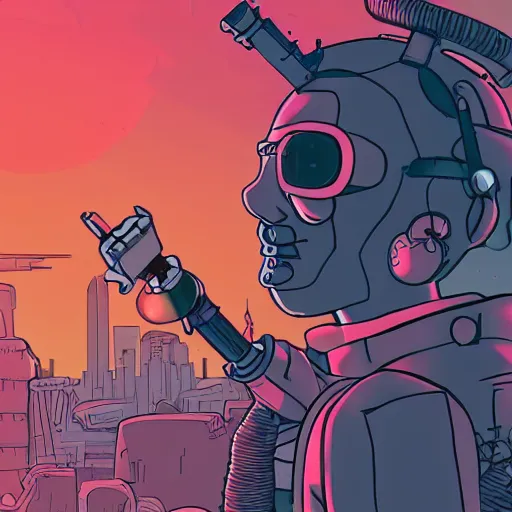 Image similar to in the style of max prentis and deathburger and laurie greasley a young mixed race male explorer wearing a cyberpunk headpiece who is standing on a giant robot head, highly detailed, 8k wallpaper, adventure time colour palette