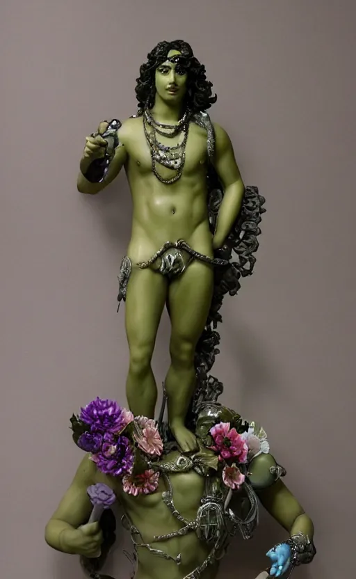 Prompt: a young handsome seductive latino ceramic sculpture of a prince with a head of a CRT monitor and a large glowing violet crystal in the center of his chest, full-body bronze cyberpunk style statue of Andromeda with glowing green laser eyes, crown of mechanical chrysanthemums, flowing aqua silk, fabric, steampunk flowers. baroque elements, human hands. full-length view. baroque element. intricate artwork by caravaggio. many flying horses on background. Trending on artstation, octane render, cinematic lighting from the right, hyper realism, octane render, 8k, depth of field, 3D