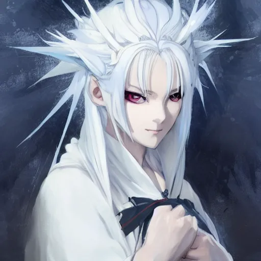 Image similar to anime girl with white hair gathered in two tails, with white diamond - shaped hairpins on her head, dark blue eyes, in a white cloak and hood, anime style, 4 k, high quality, digital painting, elegant, highly detalied, artstation, concept art, art by artgem and greg rutkowski and alphonse mucha