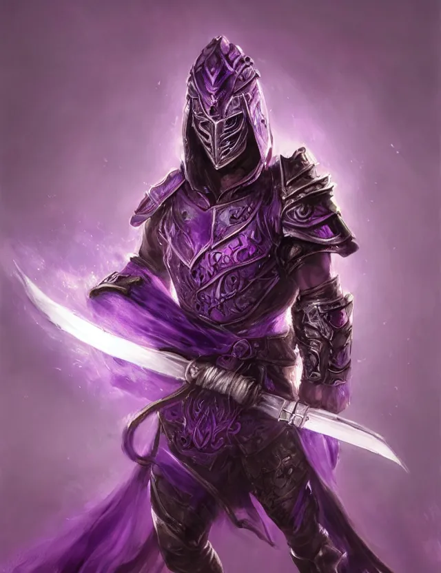 Image similar to a masked warrior in purple armour glowing violet, wielding a large purple sword that flashes with lightning, by frank fazetta and peter mohrbacher, trending on artstation, digital art, 4 k resolution, detailed, high quality, hq artwork, coherent, insane detail, concept art, character concept, character full body portrait