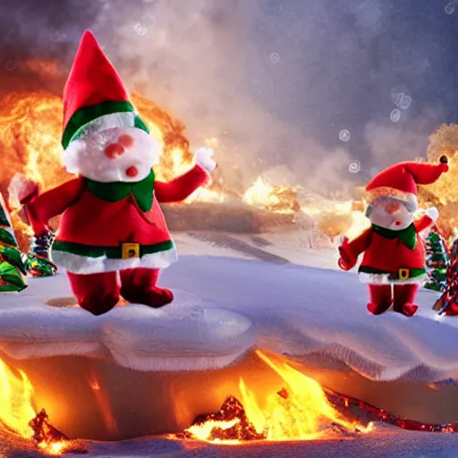 Image similar to angry christmas elves, north pole, buildings on fire in background, high detail, 8 k,