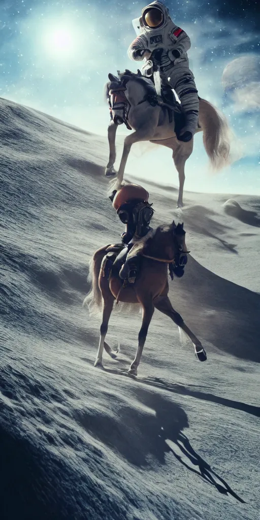 Image similar to professional photo of astronaut riding a horse on the moon, low angle shot, hyperrealistic masterpiece, trending on artstation, cgsociety, kodakchrome, golden ratio, cinematic, composition, beautiful lighting, hyper detailed, octane render, 4 k, unreal engine