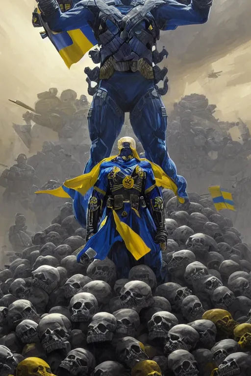 Prompt: A super soldier with a Ukrainian coat of arms and Ukrainian blue and yellow flag is standing on a pile of skulls, Call of Duty, marvel, dark, intricate, highly detailed, smooth, artstation, digital illustration by Ruan Jia and Mandy Jurgens and Artgerm and Wayne Barlowe and Greg Rutkowski and Zdislav Beksinski