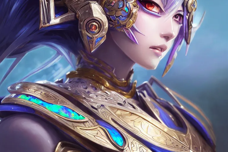 Image similar to anime iridescent opal cyborg shinobi, intricate ornate details, morandi color scheme, fantasy, elegant, highly detailed, wide angle, digital painting, artstation, concept art, smooth, sharp focus, illustration, wallpaper, splash art, league of legends, art by artgerm and greg rutkowski and alphonse mucha and jin xiaodi