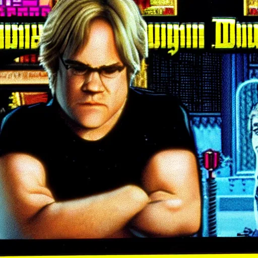 Image similar to portrait of philip seymour hoffman in double dragon video game splash screen