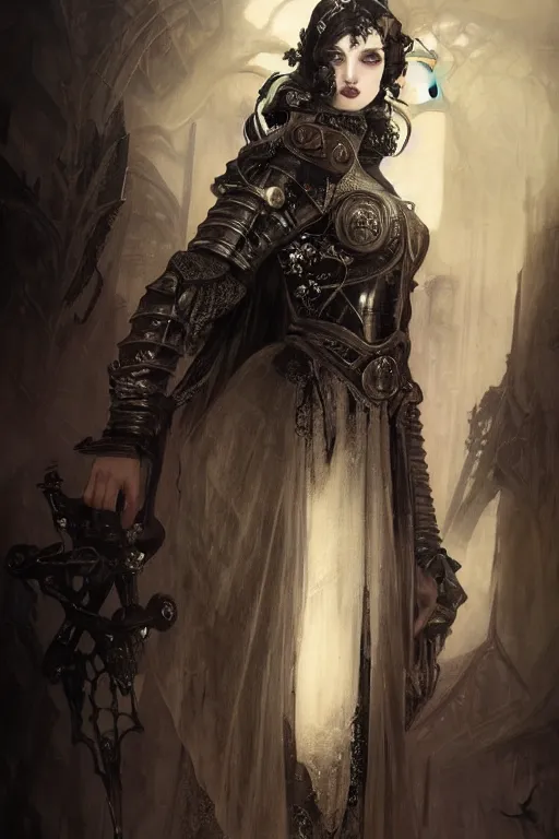 Image similar to beautiful and gothic and evil and luxury and dieselpunk young medieval female knight portrait +smoky eyes+front face with light flowing hair, ultradetail face, art and illustration by tian zi and craig mullins and WLOP and alphonse mucha, fantasy, intricate complexity, human structure, human anatomy, fantasy character concept, watermark, blurry, hyperrealism 8k