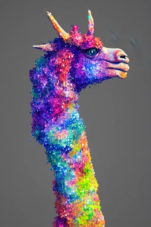 Image similar to vivid 3D animated designscapes with bursts of radiant particles–building an ethereal llama portrait, professional concept art, trending on artstation, geometric llama