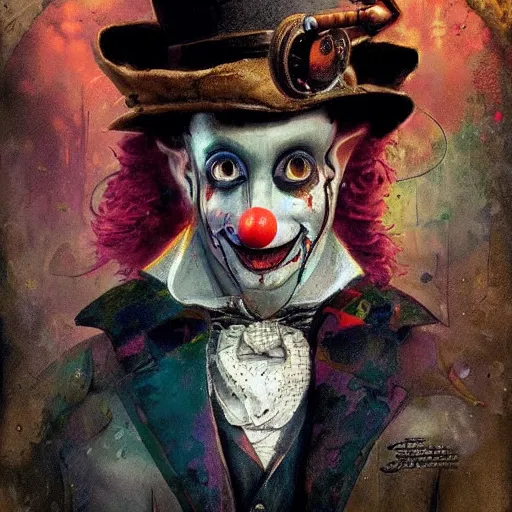 Image similar to Portrait of a creepy steampunk clown, fantasy, colorful, detailed, by Greg Rutkowski and Dave McKean