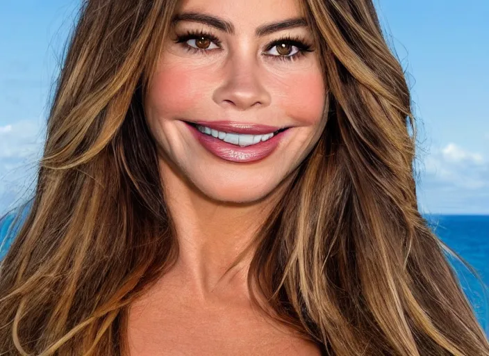 Prompt: close up portrait photograph of Sofia Vergara!!! sunbathed skin, symmetric face!!! with deep green ((Symmetric round eyes!!! )) . Wavy long hair. she looks directly at the camera. Slightly open mouth, face takes up half of the photo. an ocean visible in the background. 55mm nikon. Intricate.