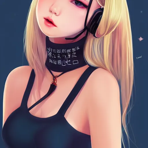 Image similar to realistic beautiful gorgeous natural cute Blackpink Lalisa Manoban blonde hair cute fur blonde cat ears, wearing camisole, wearing headphones, wearing black leather choker artwork drawn full HD 4K highest quality in artstyle by professional artists WLOP, Taejune Kim, Guweiz on Artstation Pixiv