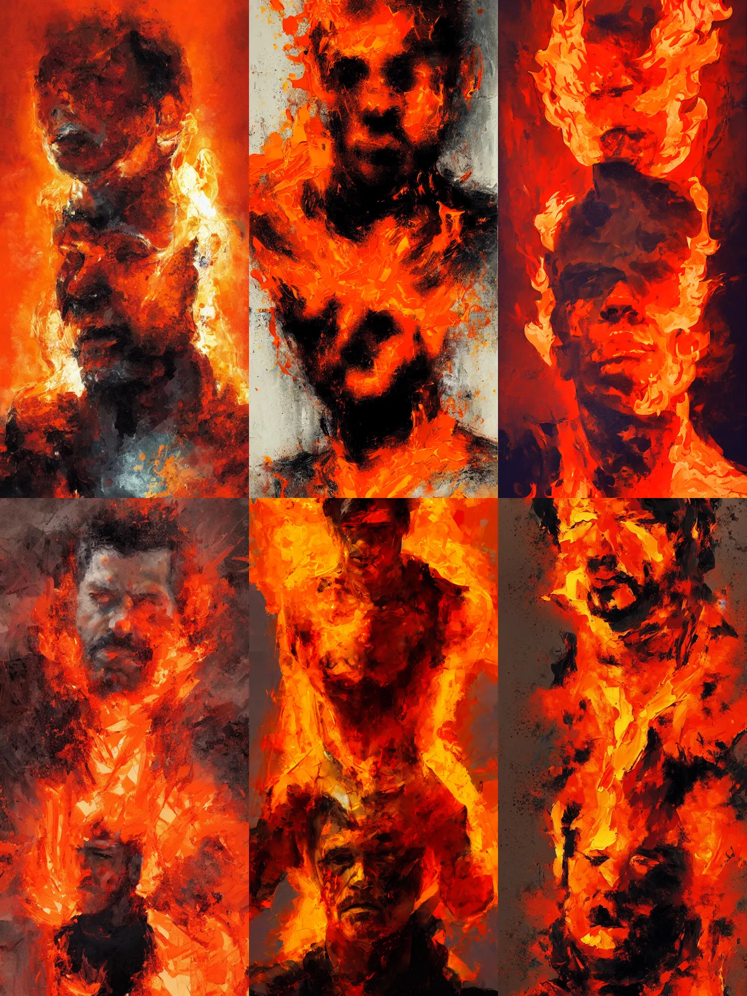 Prompt: abstract painting of man engulfed in flames, handsome. Stubble. by craig mullins, featured on artstation. Portrait. Soviet era pose. Orange. Pain