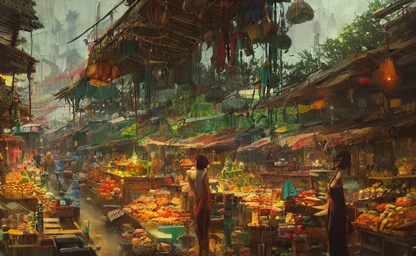 Image similar to a beautiful painting of a jungle market, Greg Rutkowski, digital art