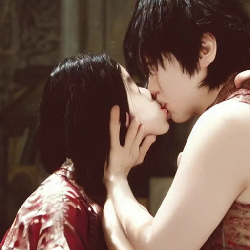 Image similar to film still, two vampires kissing, directed by park chan - wook