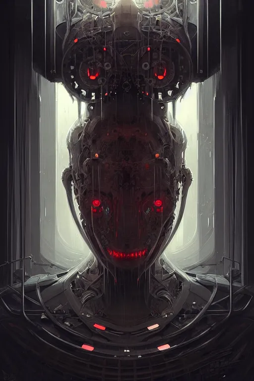 Image similar to professional concept art symmetrical portrait of a horror mechanical nightmare species in a dark room by artgerm and greg rutkowski. an intricate, elegant, highly detailed digital painting, abstraction, concept art, smooth, sharp focus, illustration, in the style of cam sykes.