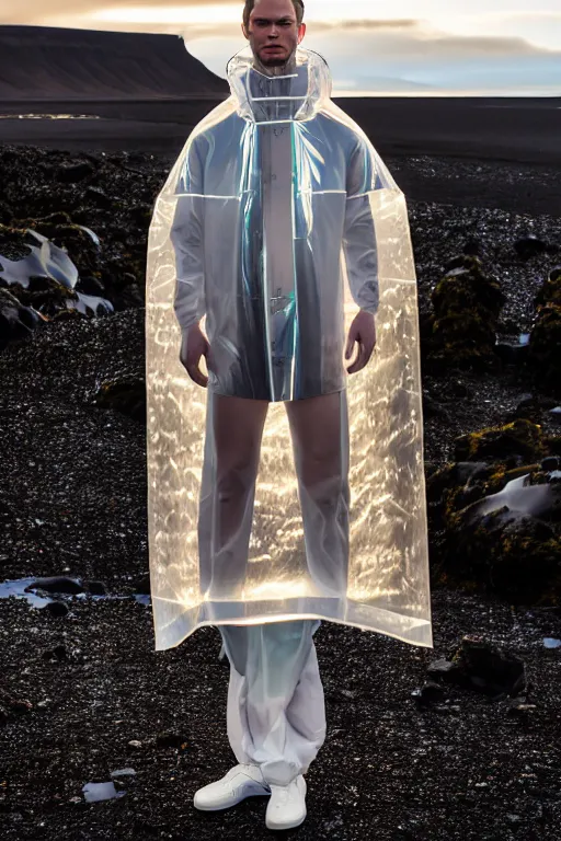 Image similar to an ultra high definition professional high fashion portrait studio full length photograph of a male model wearing a transparent pearlescent raincoat and neon visor in an icelandic black rock environment at dawn. no artefacts. extremely detailed. stark. refraction. shallow depth of field. volumetric light and shadow. ray tracing. light rays.