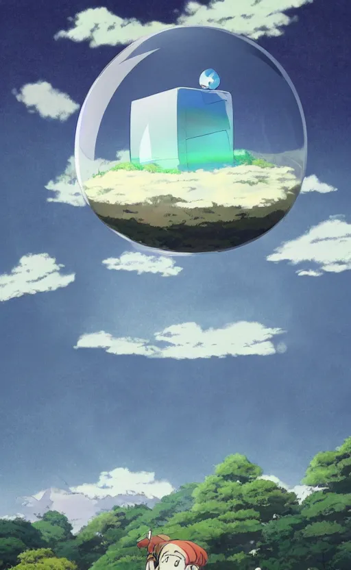 Image similar to an asymmetrical cell - shaded studio ghibli concept art study of a huge silver cube ufo inside a transparent bubble in the sky. wide shot, very dull colors, hd, 4 k, hq