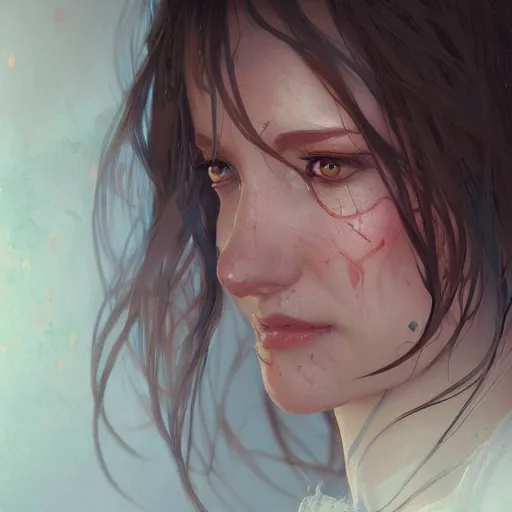 Image similar to a beautiful crying woman with tears, highly detailed, digital painting, artstation, concept art, smooth, sharp, focus, illustration, art by artgerm and greg rutkowski and alphonse mucha