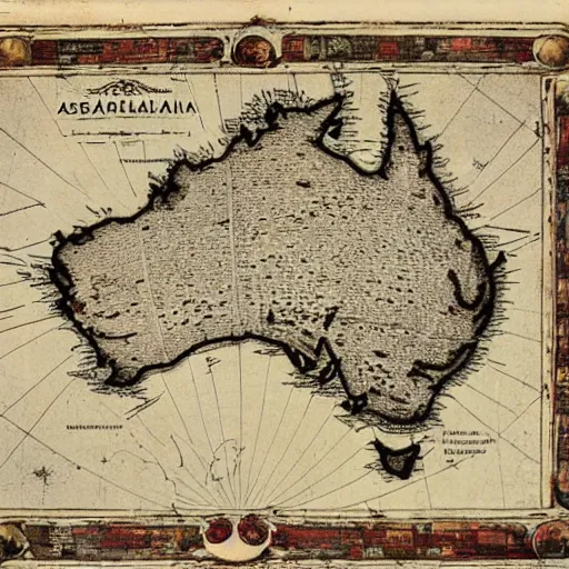 Prompt: cartography map of australia. 1400s old sea map. faraway islands.