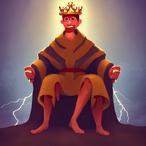Prompt: a man with a crown on his head, dressed in a robe, sitting on a throne, in the desert, in the background a thunderstorm, pixar, artstation, high detailed,