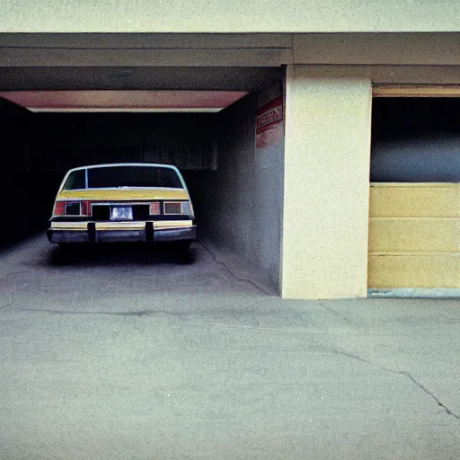 Image similar to 1975 hatchback, inside of an badly lit 1970s parking garage, ektachrome photograph, volumetric lighting, f8 aperture, cinematic Eastman 5384 film