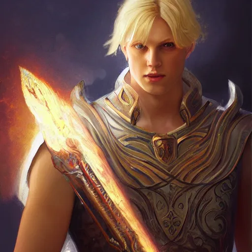 Image similar to portrait of an aasimar paladin blond young man with amber eyes wielding his flaming blade, he has angelical wings strong, sofisticated, fantasy, highly detailed, digital painting, artstation, concept art, character art, art by greg rutkowski and tyler jacobson and alphonse mucha