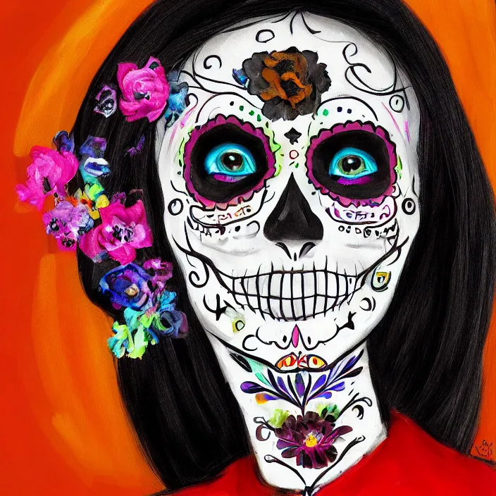 Prompt: a smiling girl with long black, her paint painted as dia de los muertos, by alozuniga. digital draw, digital art, trending on instagram, digital painting.