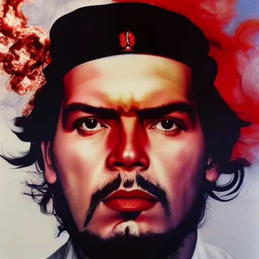 Image similar to colour masterpiece surreal closeup portrait photography of che guevara by miho hirano and annie leibovitz and michael cheval, red and white smoke background, 8 k