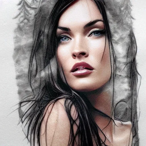 Image similar to realism tattoo sketch of double exposure megan fox blended with beautiful mountain scenery, in the style of andrey lukovnikov