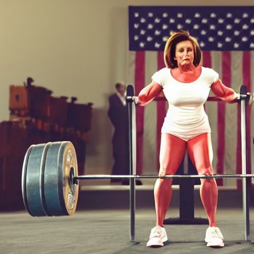 Image similar to nancy pelosi deadlifting 5 0 0 pounds, realism, fine details, unreal, render, cinematic, epic, volumetric lighting