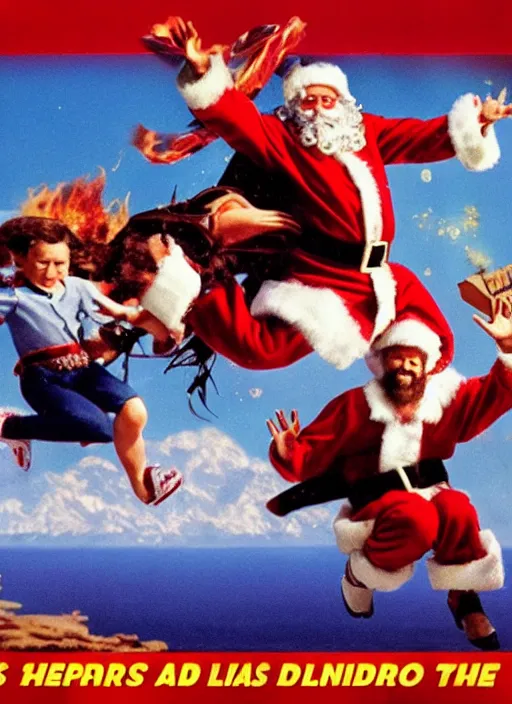 Prompt: Santa and Jesus' Totally Radical Adventure, action shot of them jumping away from an explosion towards us, cinematic shot, movie poster (1989)