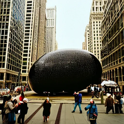 Prompt: the chicago bean as a black jelly bean, photography, kodak film, 5 0 mm