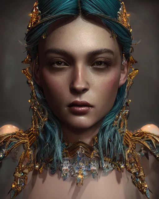 Image similar to beauteous sumptuous dark empress with incredible iridescent pearlescent voluminous hair, photo - realistic crystalline masterpiece incrustations, hyperdetailed kind face, elegant pose, movie still, cinematic forest lighting, intricate accuracy, octane render, cgsociety, artgerm, unreal engine, crepuscular rays, god rays