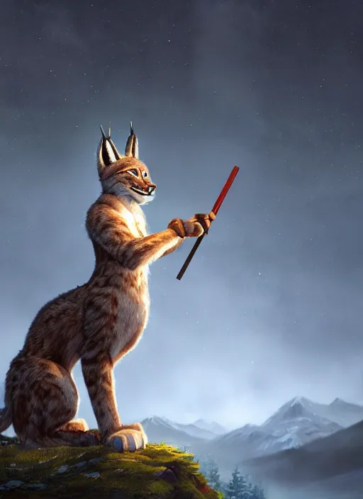 Image similar to anthropomorphic lynx standing tall, holding a scepter, night, spruce trees on the sides, mountains in the background, eerie dark atmosphere, moonlit, back light, fantasy movie, fantasy art, fantasy matte painting, trending on artstation