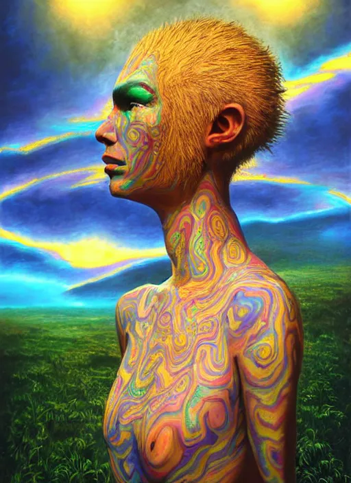 Image similar to portrait ultra dimensional cult girl shaman, accidentally tripping on dmt and acid, psychedelic experience, ascending through the fifth dimension moving at the speed of light and sitting still, ultra high definition, unreal engine 5, hyperrealism, masterpiece composition, by peter kemp, casey weldon, barclay shaw