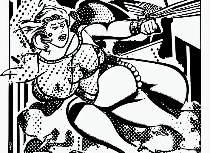 Image similar to a fat valkyrie. roy lichtenstein style. halftone dots. full color. comic book look