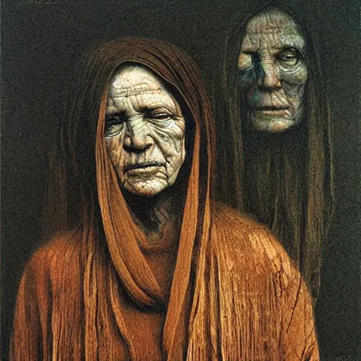 Prompt: portrait of 500 years old girl, painting by Beksinski