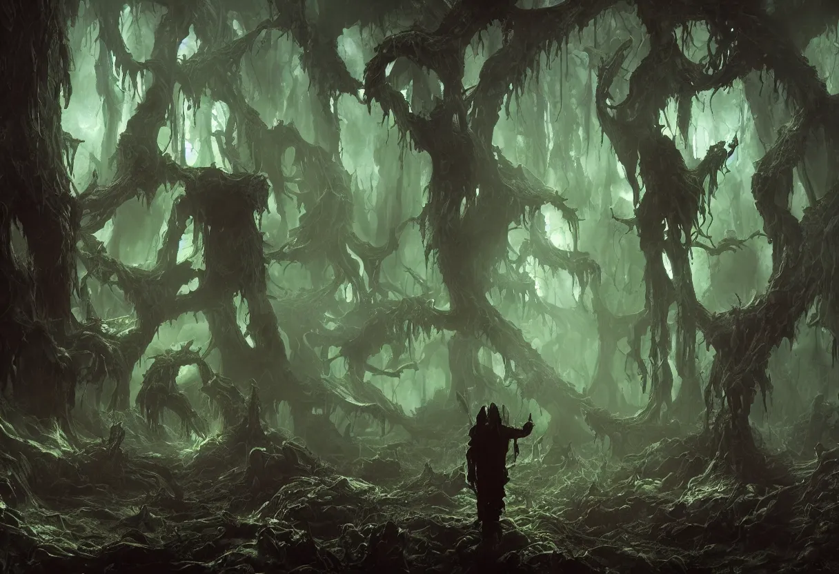 Prompt: demonic man full of ooze and slime in the dark alien swampy forest, colorfully ominous galaxy in background, minimalism, hyper realism, matte painting, realistic, dramatic lighting, octane render, highly detailed, cinematic lighting, cinematic, volumetric, by rutkowsky and gerald brom and frazetta and rembrandt