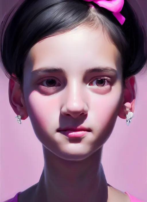 Image similar to portrait of teenage girl, narrow face, black hair, bangs, half updo hairstyle, skinny, smile, unattractive, defined jawline, big chin, wearing pink hair bow, earrings, intricate, elegant, glowing lights, highly detailed, digital painting, artstation, sharp focus, illustration, art by wlop, mars ravelo and greg rutkowski