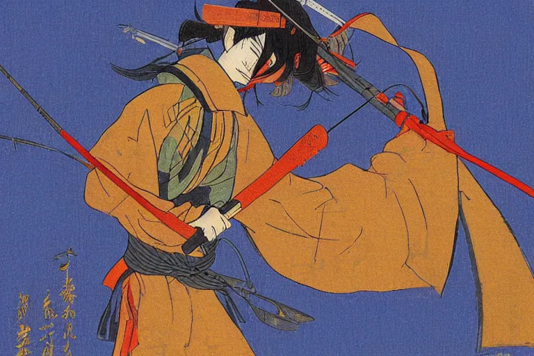 Prompt: a ronin samurai holding a fishing rod, a blue crescent lake by satoshi kon by justing gerard