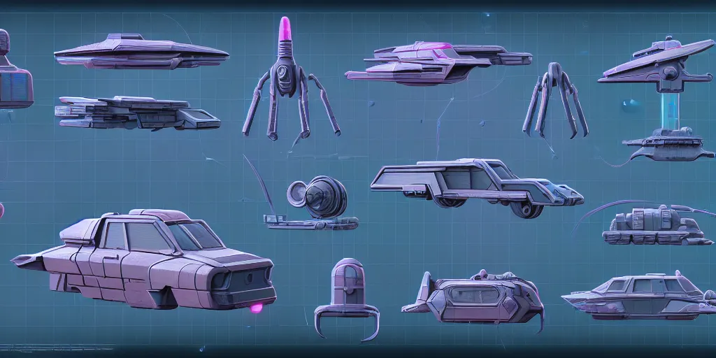 Image similar to retro hard surface shape form exploration, vehicles, close up, complex geometry, detailed, artstation, 8 k, sci - fi, pastel colors, props, panel, concept, simon stalenhag, blueprint, items and gadget, big medium small, blueprint, vintage