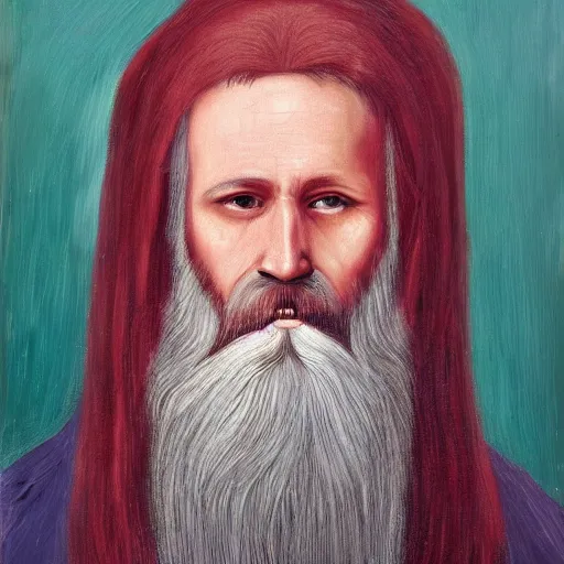 Prompt: Impressive portrait of a Catholic priest with scarlet hair, a beard, and brilliant silver eyes. Oil on canvas.