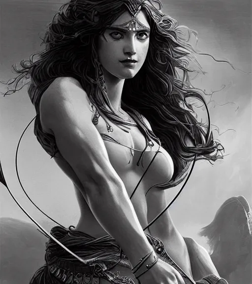 Image similar to beautiful young aphrodite goddess as an archer warrior, realistic face, beautiful eyes, black and white drawing, in the style of greg rutkowski, fantasy, amazing detail, epic, intricate, elegant, smooth, sharp focus