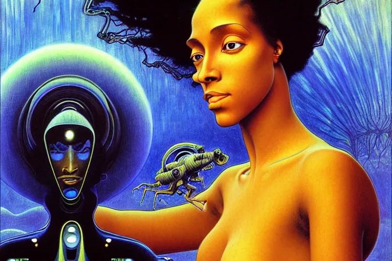 Image similar to realistic extremely detailed portrait painting of a beautiful black woman with a robot, futuristic sci-fi landscape on background by Jean Delville, Amano, Yves Tanguy, Mark Brooks, Alphonse Mucha, Ernst Haeckel, Edward Robert Hughes, Roger Dean, rich moody colours, blue eyes