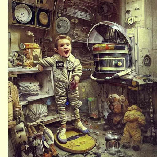 Image similar to boy in a retro space suit in a cluttered inventors shop . muted colors. by Jean-Baptiste Monge !!!!!!!!!!!!!!!!!!!!!!!!!!!!!!!!!!!!!!!!