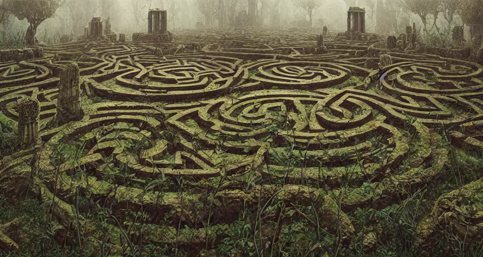 Image similar to ancient greek overgrown labyrinth, by giger, stalenhag, beksinski, retro sci - fi movie, highly detailed, photorealistic, illustration, matte painting, 8 k, trending on artstation