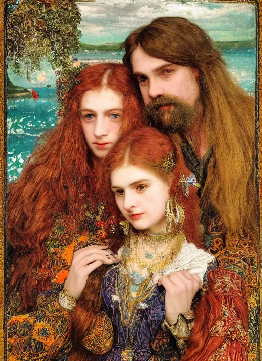 Prompt: colourful masterpiece of intricate detailed preraphaelite photography couple portrait sat down extreme closeup, love, inside a beautiful underwater train, man with long hair and long beard wearing glasses, woman with large lips eyes and straight fringe, detailed realistic expressions, unusual clothes, by ford madox brown and william powell frith and frederic leighton and john william waterhouse and greg hildebrandt and william morris