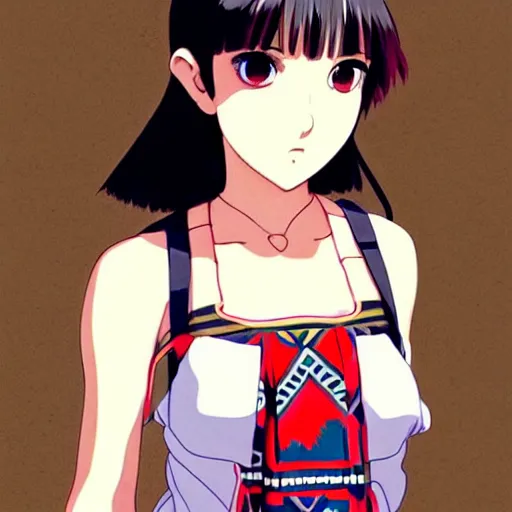 Image similar to a beautiful! boyish! natalie portman alluring gravure! model, wearing japanese school girl outfit with mayan pattern and native style, aztec street fashion, gapmoe yandere grimdark, trending on pixiv fanbox, painted by greg rutkowski makoto shinkai takashi takeuchi studio ghibli, akihiko yoshida